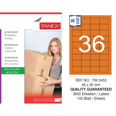 Tanex TW-2453 45x30mm Turuncu Pastel Laser Etiket 100 Lü Tanex TW-2453 45x30mm Turuncu Pastel Laser Etiket 100 Lü