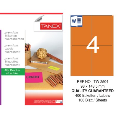 Tanex Tw-2504 98x149 mm Flo Turuncu Laser Etiket Tanex Tw-2504 98x149 mm Flo Turuncu Laser Etiket