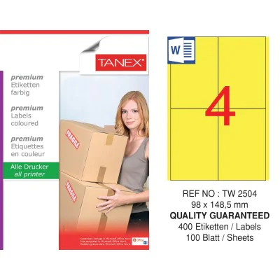 Tanex TW-2504 98x149mm Sarı Pastel Laser Etiket 100 Lü Paket