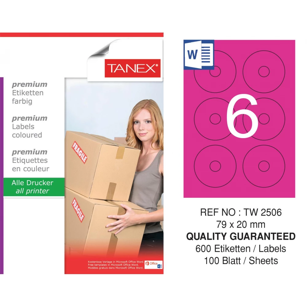 Tanex TW-2506 79x20mm Pembe Pastel Laser Etiket 100 Lü