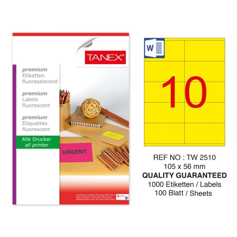 Tanex TW-2510 105x56mm Sarı Floresan Laser Etiket 100 Lü
