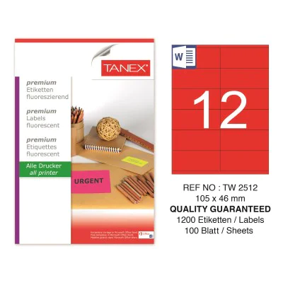 Tanex TW-2512 105x46 mm Kırmızı Floresan Laser Etiket 100 Lü
