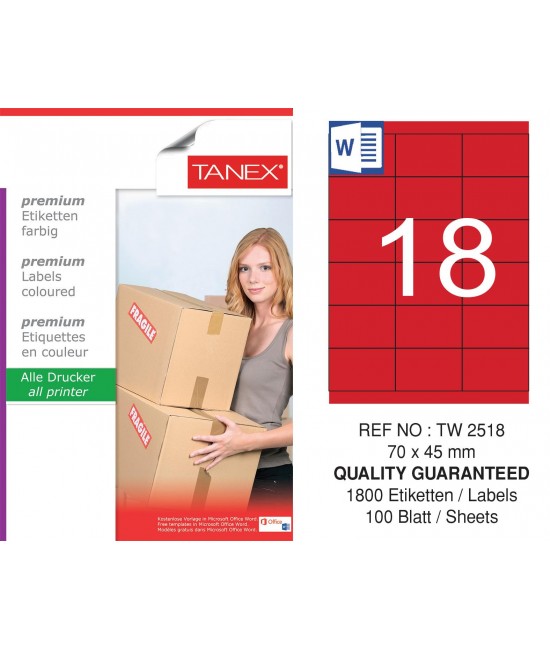 Tanex TW-2518 70x45mm Kırmızı Pastel Laser Etiket 100 Lü
