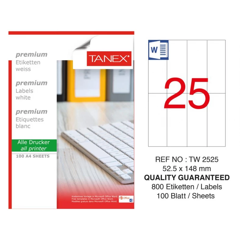 Tanex TW-2525 52,5x148,5 mm Sökülebilir Etiket 100 Lü Tanex TW-2525 52,5x148,5 mm Sökülebilir Etiket 100 Lü