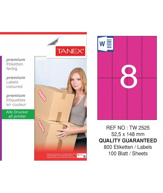 Tanex TW-2525 52.5x148.5mm Pembe Pastel Laser Etiket 100 Lü
