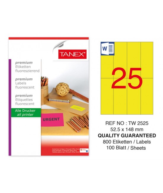 Tanex TW-2525 52,5x148.5mm Yellow Fluorescent Laser Label 100 Pcs