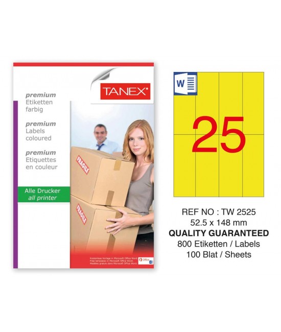 Tanex TW-2525 52,5x148,5mm Sarı Pastel Laser Etiket 100 Lü Paket