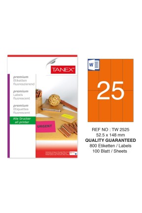 Tanex TW-2525 52,5x148,5mm Turuncu Floresan Laser Etiket 100 Lü