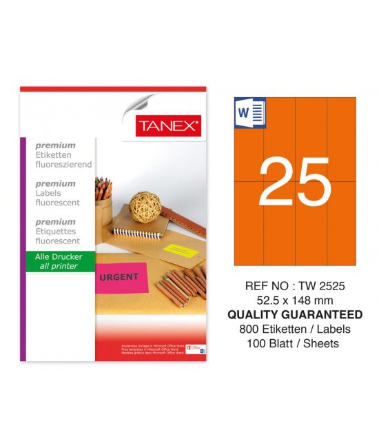 Tanex TW-2525 52,5x148.5mm Orange Fluorescent Laser Label 100 Pcs