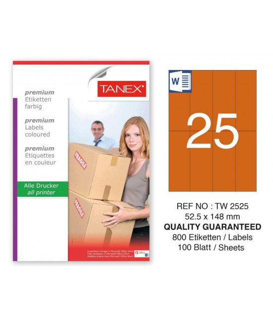 Tanex TW-2525 52,5x148,5mm Turuncu Pastel Laser Etiket 100 Lü
