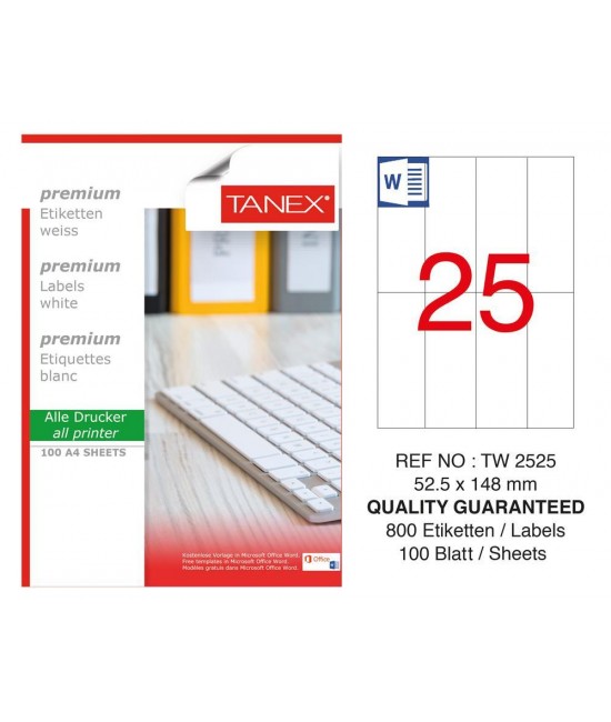 Tanex TW-2525 52.5x148mm Coated Laser Label 100 Pcs Pack