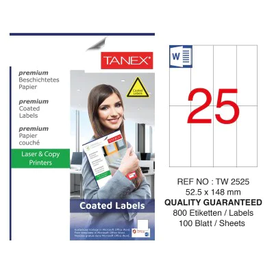 Tanex TW-2525 52.5x148mm Kuşe Lazer Etiket 100 Lü Paket Tanex TW-2525 52.5x148mm Kuşe Lazer Etiket 100 Lü Paket