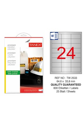 Tanex TW-2533 64.6x33.8mm Gümüş Lazer Etiket 600 Lu