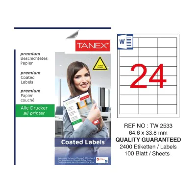 Tanex TW-2533 64.6x33.8mm Kuşe Laser Etiket 100 Lü Paket Tanex TW-2533 64.6x33.8mm Kuşe Laser Etiket 100 Lü Paket