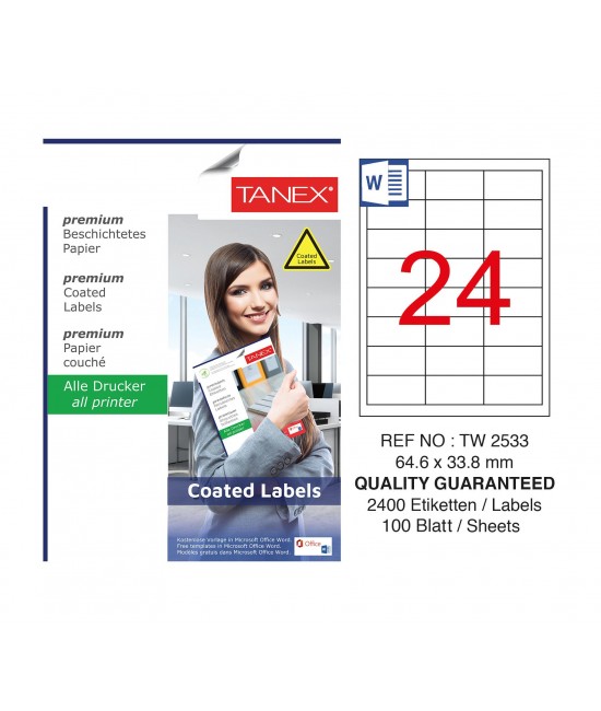 Tanex TW-2533 64.6x33.8mm Kuşe Laser Etiket 100 Lü Paket