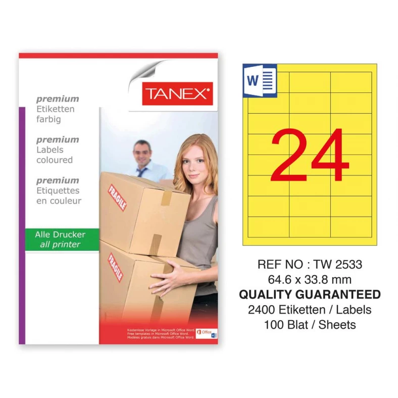 Tanex TW-2533 64,6x33,8mm Sarı Pastel Laser Etiket 100 Lü Paket