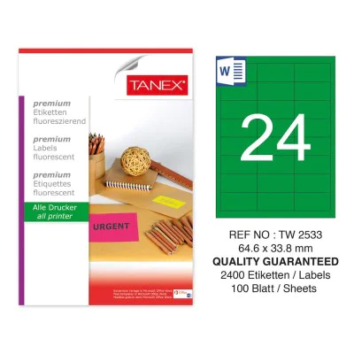 Tanex Tw-2533 64,6x33,8mm Yeşil Floresan Laser Etiket 100 Lü