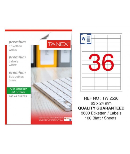 Tanex TW-2536 63x24mm Coated Laser Label 100 Pcs Pack