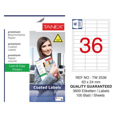 Tanex TW-2536 63x24mm Kuşe Lazer Etiket 100 Lü Paket Tanex TW-2536 63x24mm Kuşe Lazer Etiket 100 Lü Paket