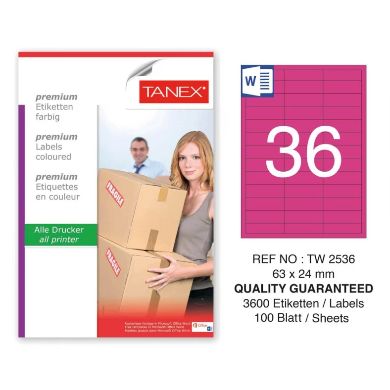 Tanex TW-2536 63x24mm Pembe Pastel Laser Etiket 100 Lü