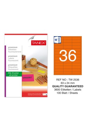 Tanex TW-2536 63x24mm Turuncu Floresan Laser Etiket 100 Lü