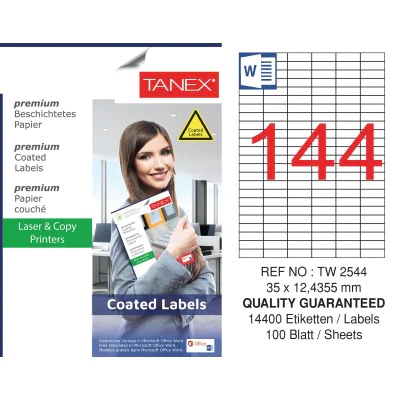 Tanex TW-2544 35x12.4355mm Kuşe Lazer Etiket 100 Lü Paket Tanex TW-2544 35x12.4355mm Kuşe Lazer Etiket 100 Lü Paket