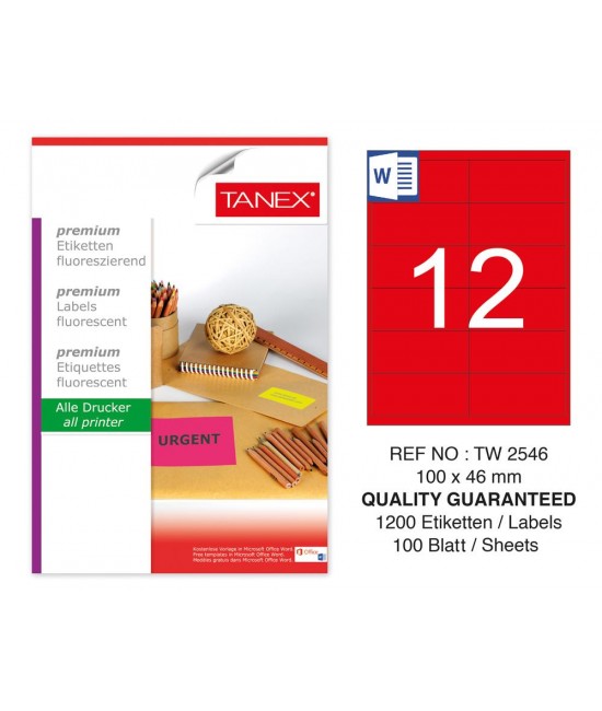 Tanex TW-2546 100x46mm Kırmızı Floresan Laser Etiket 100 Lü 