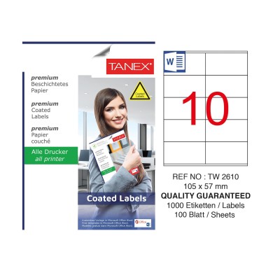 Tanex TW-2610 105x57mm Kuşe Lazer Etiket 100 Lü Paket Tanex TW-2610 105x57mm Kuşe Lazer Etiket 100 Lü Paket