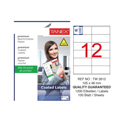 Tanex TW-2612 105x48mm Kuşe Lazer Etiket 100 Lü Paket Tanex TW-2612 105x48mm Kuşe Lazer Etiket 100 Lü Paket