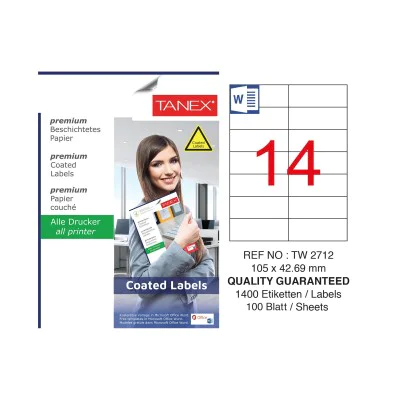 Tanex TW-2712 105x42.69mm Kuşe Lazer Etiket 100 Lü Paket Tanex TW-2712 105x42.69mm Kuşe Lazer Etiket 100 Lü Paket