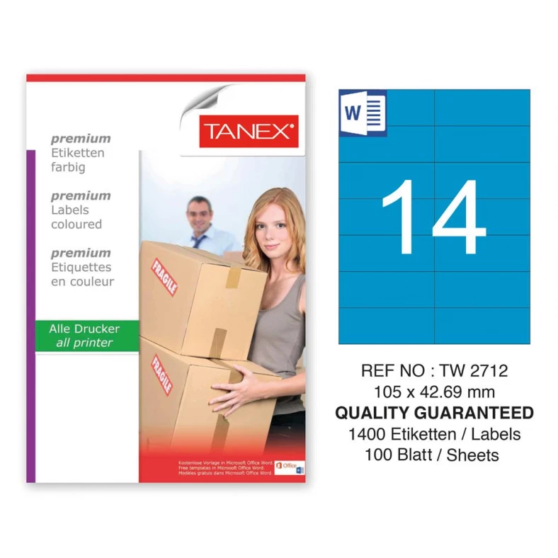 Tanex TW-2712 105x42,69mm Mavi Pastel Laser Etiket 100 Lü