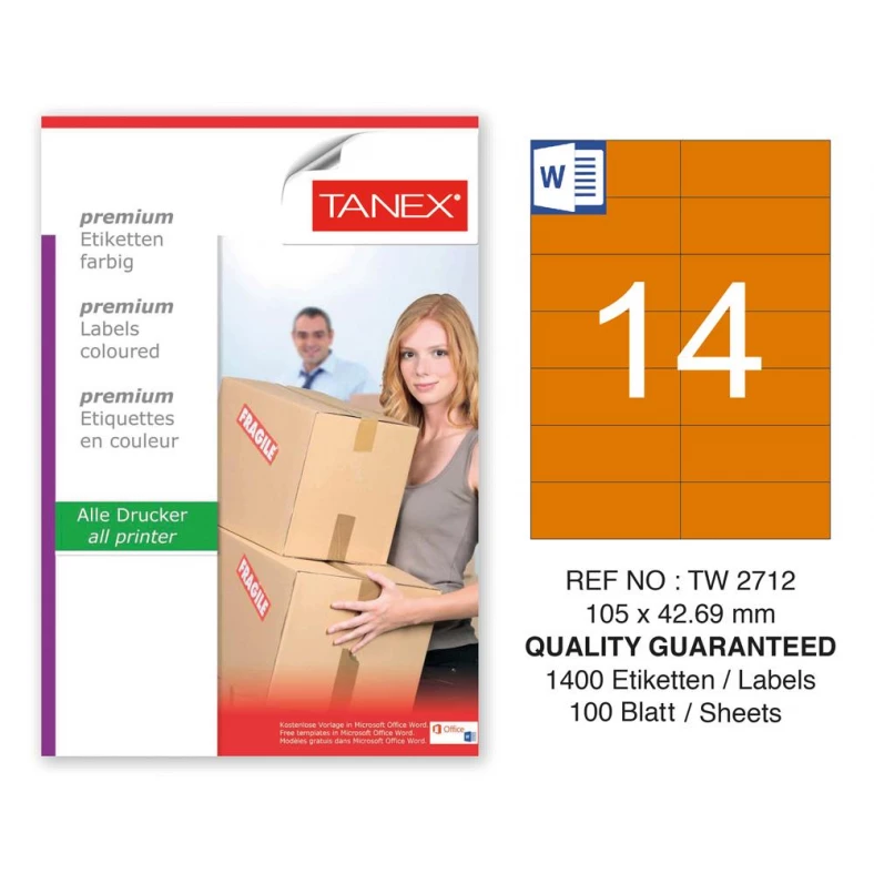 Tanex TW-2712 105x42,69mm Turuncu Pastel Laser Etiket 100 Lü 
