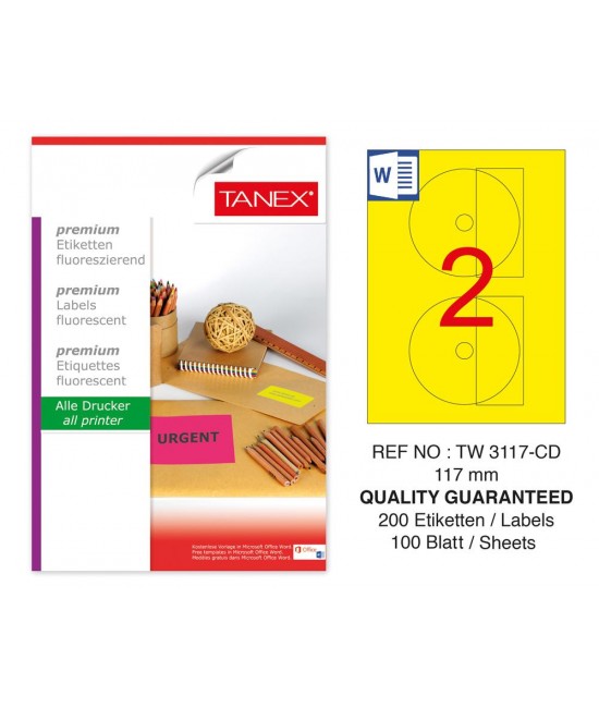 Tanex TW-3117 117mm Yellow Fluorescent Laser Label 100 Pcs