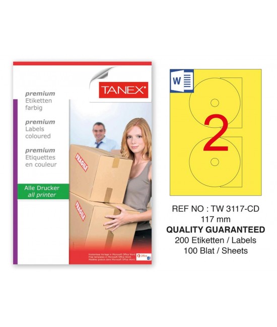 Tanex TW-3117 117mm Sarı Pastel Laser Etiket 100 Lü Paket