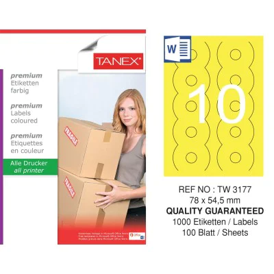 Tanex TW-3177 78x54,5mm Sarı Pastel Laser Etiket 100 Lü Paket