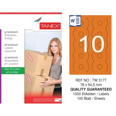 Tanex TW-3177 78x54,5mm Turuncu Pastel Laser Etiket 100 Lü Tanex TW-3177 78x54,5mm Turuncu Pastel Laser Etiket 100 Lü