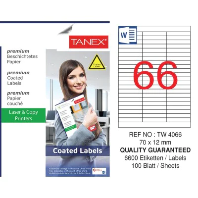 Tanex TW-4066 70x12mm Kuşe Laser Etiket 100 Lü Paket Tanex TW-4066 70x12mm Kuşe Laser Etiket 100 Lü Paket