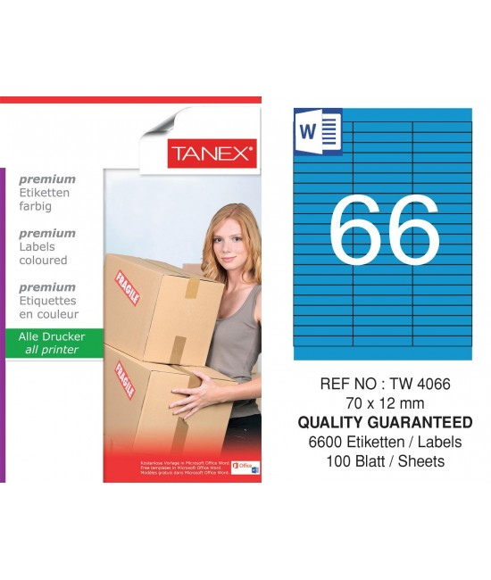 Tanex TW-4066 70x12mm Mavi Pastel Laser Etiket 100 Lü