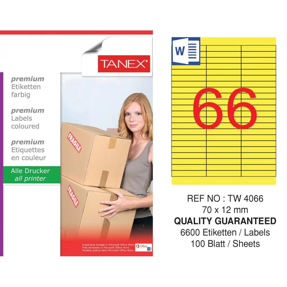 Tanex TW-4066 70x12mm Sarı Pastel Laser Etiket 100 Lü Paket