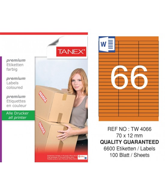 Tanex TW-4066 70x12mm Turuncu Pastel Laser Etiket 100 Lü
