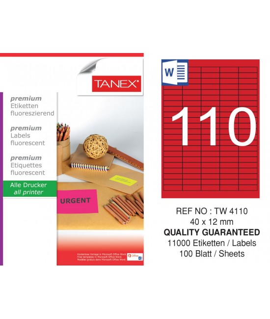Tanex TW-4110 40x12 mm Kırmızı Floresan Laser Etiket 100 Lü