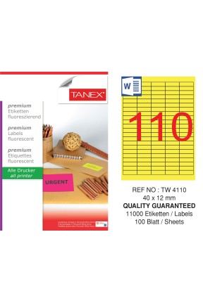 Tanex TW-4110 40x12 mm Sarı Floresan Laser Etiket 100 Lü 