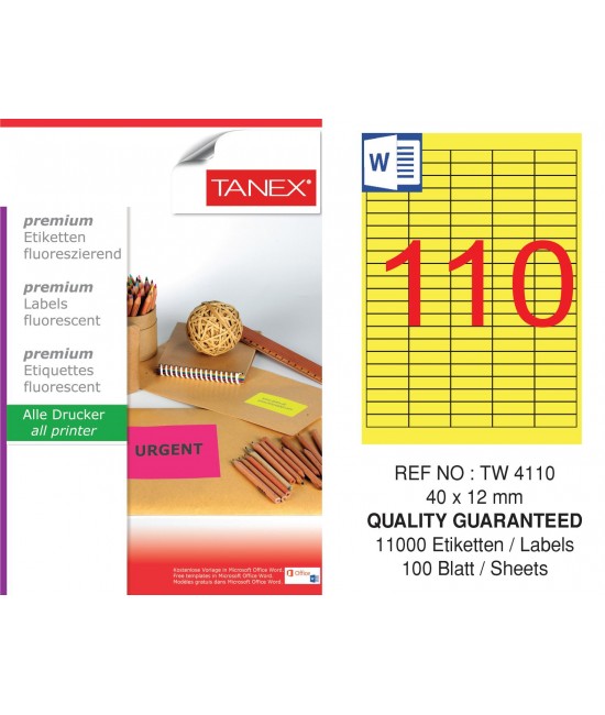 Tanex TW-4110 40x12 mm Sarı Floresan Laser Etiket 100 Lü