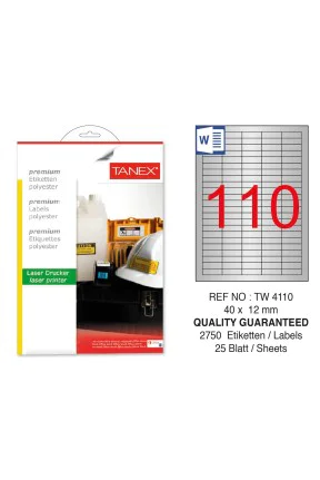 Tanex TW-4110 40x12mm Gümüş Lazer Etiket 2750 Li
