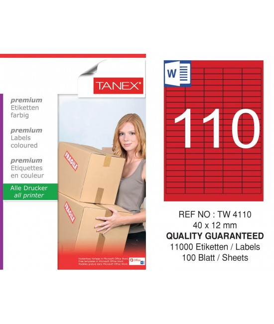 Tanex TW-4110 40x12mm Kırmızı Pastel Laser Etiket 100 Lü