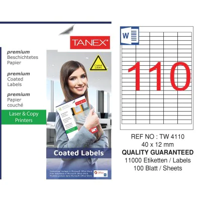 Tanex TW-4110 40x12mm Kuşe Laser Etiket 100 Lü Paket Tanex TW-4110 40x12mm Kuşe Laser Etiket 100 Lü Paket