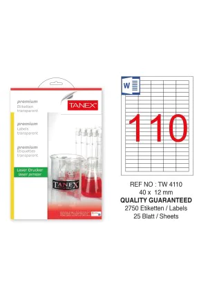 Tanex TW-4110 40x12mm Şeffaf Laser Etiket 2750 Li