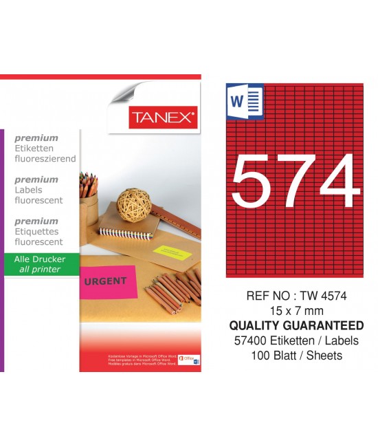 Tanex TW-4574 15x7 mm Kırmızı Floresan Laser Etiket 100 Lü
