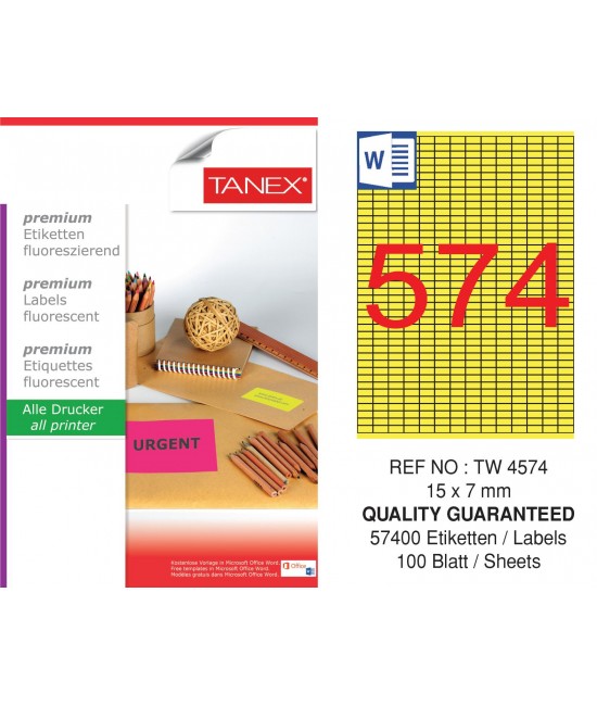 Tanex TW-4574 15x7 mm Sarı Floresan Laser Etiket 100 Lü