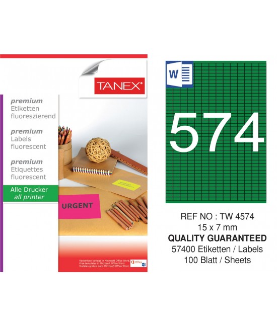 Tanex Tw-4574 15x7 mm Yeşil Floresan Laser Etiket 100 Lü